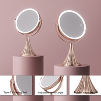 Miroir de maquillage LED double face avec grossissement 1X 10X, couleur or rose, commande tactile, angle réglable, type C, miroir de vanité