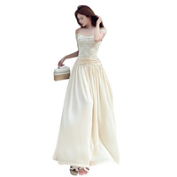 Robe de soirée A-line en maille unie avec dentelle, style mignon et élégant, sans bretelles, à épaules pliées, idéale pour la plage et les vacances