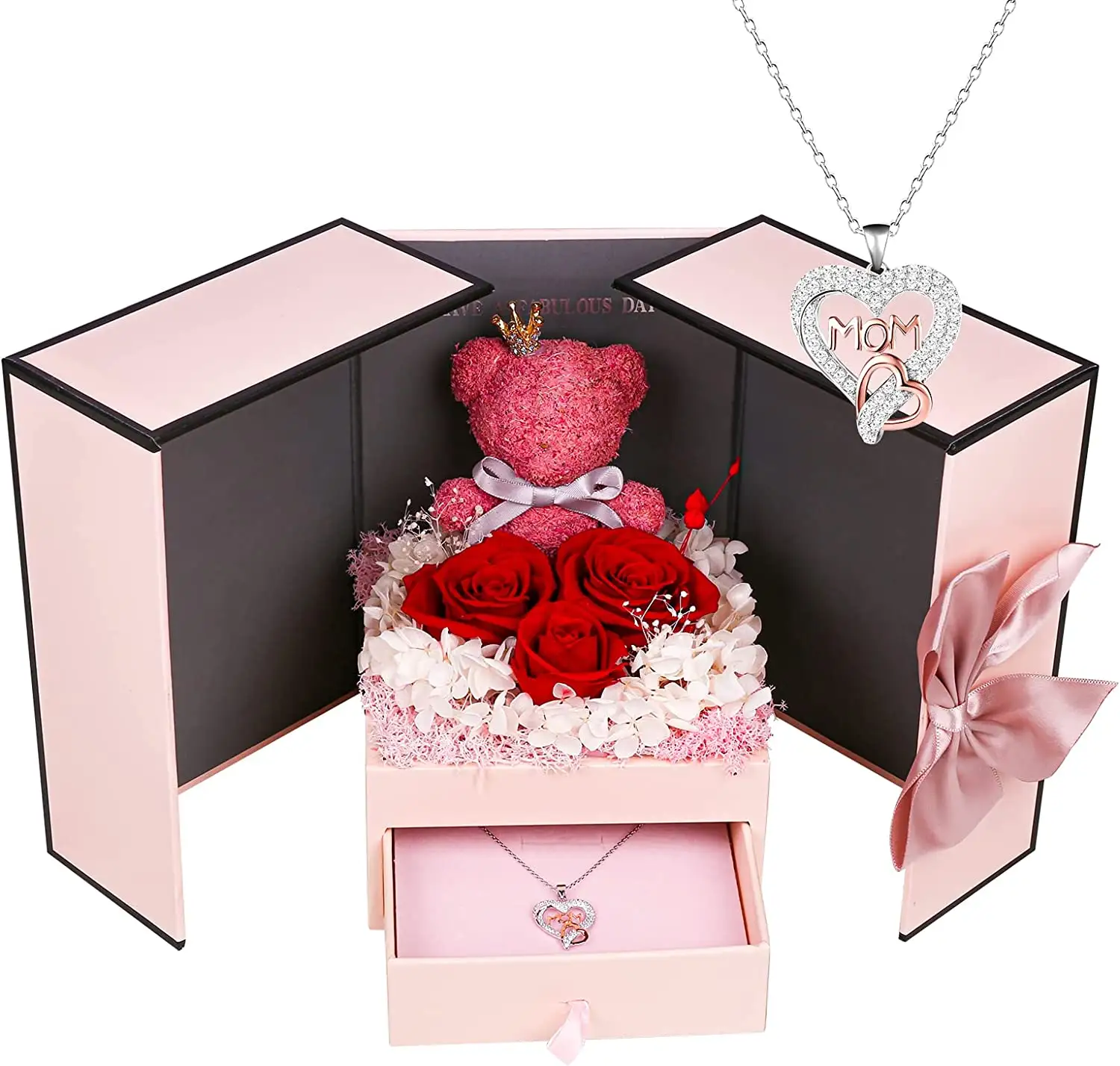 Mothers Day Gifts Preserved Rose with Bear in Luxury Gift Valentines Day Customized Flower Jewelry Gift Boxes
