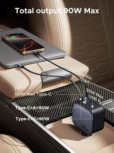 Cargador de Coche Retráctil <span class=keywords><strong>UGREEN</strong></span> de 90W, Cargador de Teléfono para Coche 3 en 1 con USB C, Carga Rápida con Cable Tipo C, Adaptador para Encendedor de Cigarrillos - Product Image 2