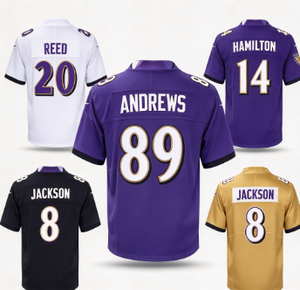 เสื้อฟุตบอลบัลติมอร์ เรเวนส์ รีด # 20 แอนดรูว์ส # 89 แฮมิลตัน # 14 แจ็คสัน # เสื้อฟุตบอลอเมริกันสำหรับผู้ชาย 8 ตัว - Product Image 1