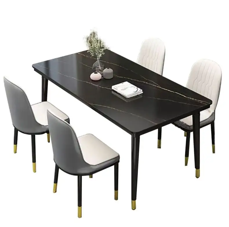 Mesa de jantar nórdica de mármore branco para hotel, conjunto luxuoso de mesa de jantar em ouro, móveis para restaurante