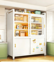 Meuble de rangement de cuisine moderne en acier sur mesure avec portes vitrées sur roulettes, buffet autoportant multi-niveaux