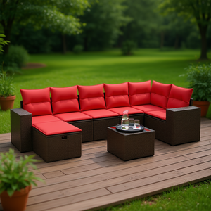 Set di divani da giardino in polyrattan marrone da 8 pezzi con cuscini, mobili da giardino per esterni - Product Image 2