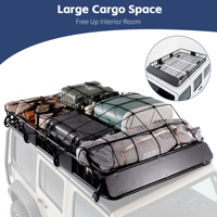 Panier de toit robuste 64x39x6 pouces 250 LB avec filet de chargement universel, sangles à cliquet et structure en acier pour SUV, camion, camping-car et camping