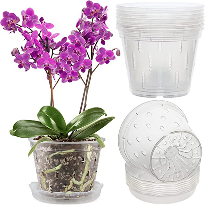 Macetas de orquídeas ranuradas transpirables, con agujeros y platillos, macetas transparentes de orquídeas, maceta de plástico para plantas, novedad