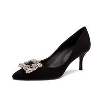 Escarpins en velours à bout pointu et talon aiguille pour femme, grandes tailles 33-43, avec boucle carrée en strass, pour mariage et soirée