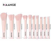 MAANGE grosir kuas Makeup merah muda, sikat Label pribadi serat sintetis 10 buah