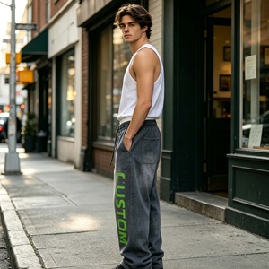 Custom <b>Straight</b> <b>Leg</b> Men's Casual Trousers Screenprint Jogger <b>Track</b> <b>Pants</b> Double Waist Stacked Sweatpants - Product Image 3