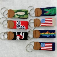 Porte-clés en cuir véritable motif drapeau américain, design brodé beige personnalisé pour université, style mode
