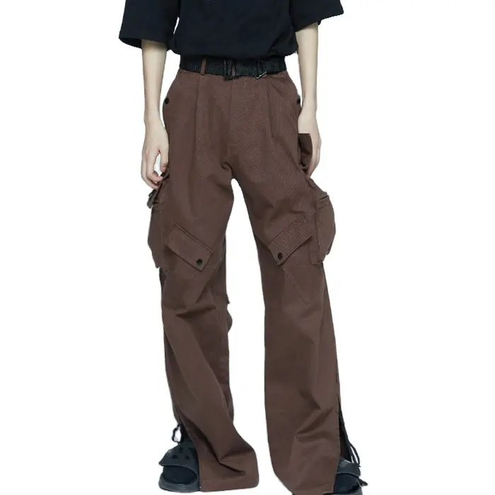 OEM 최신 독특한 디자인 멀티 포켓 코튼 능 직물 바지 남성 스트리트 착용 사이드 지퍼 슬릿 플레어 커프스 넓은 다리화물 바지