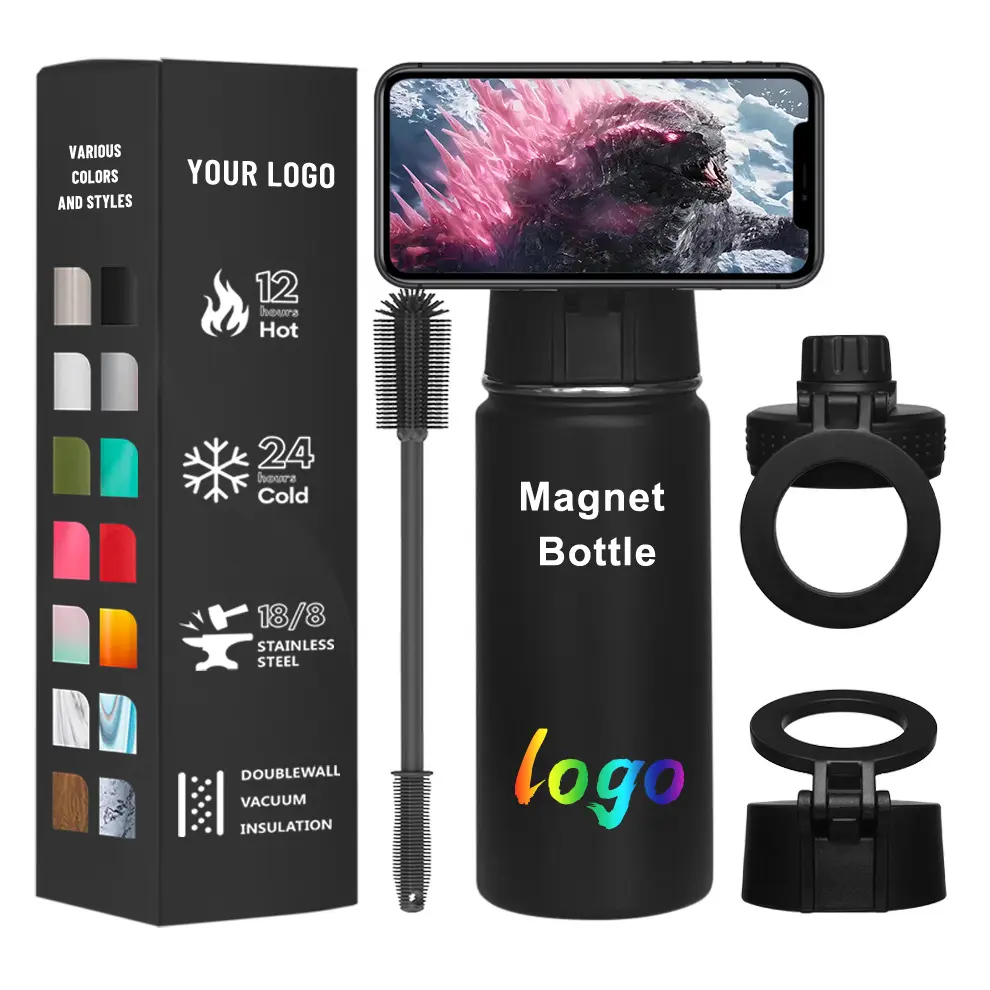 Custom Stainless Steel Magnet Magsafe Magnetic Lid Water Bottle With Magnetic Cell Phone Holder