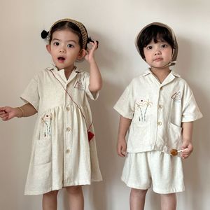 Set Camicia Estiva in Viscosa e Lino per Bambini, Nuovi Vestiti per Ragazzi, Abito a Maniche Corte Stile Coreano per Bambine, Coordinato Fratello-Sorella - Product Image 2