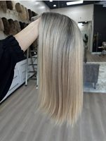 Perruque juive de luxe pour femme, en cheveux humains bruts de qualité supérieure, texture européenne douce, balayage blond avec racines foncées, nœuds simples, dessus en dentelle