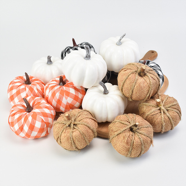 Fabric and White Pumpkins Assorted Size - 12PCS White Pumpkins and Burlap Plants Halloween Rustic Fall Decor Fabric Pumpkins