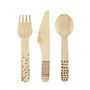 Ensemble de couverts en bois avec des designs de poignées minimalistes, cuillère, fourchette, couteau jetables, finition mate, pour la vaisselle de camping - Product Image 1