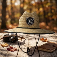Chapeau de sauveteur en paille naturelle avec logo personnalisé tissé, chapeau de soleil unisexe à large bord pour la pêche, le surf