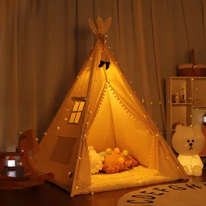 Playhouse Maibeibi Baby Tipi Tent House Playhouse Indoor Foldable Children's Toy Tents Cotton Canvas 4 Poles Kids Indian Teepee Tent