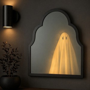 Halloween LED Ghost <b>Mirror</b> Wavy Wooden <b>Hanging</b> <b>Mirror</b> Arched Frame Wall Mounted Home Shop Decoration - Product Image 4