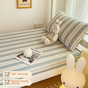 Student Dormitory 100% Cotton Striped Printed <strong>Fitted</strong> Bed <strong>Sheet</strong> king Queen Size 360&deg; Full Wrap Comfortable Mattress Protector - Product Image 4