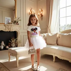 Set Pakaian Grosir untuk Balita Perempuan, Kaos Lengan Pendek Motif Kartun + Rok Tulle Berlapis Polos 2 Pcs - Product Image 4