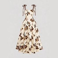 Robe longue décontractée pour femme 2026, col licou, imprimé plantes et fleurs, style resort, sans manches, taille haute, coupe trapèze, en polyester