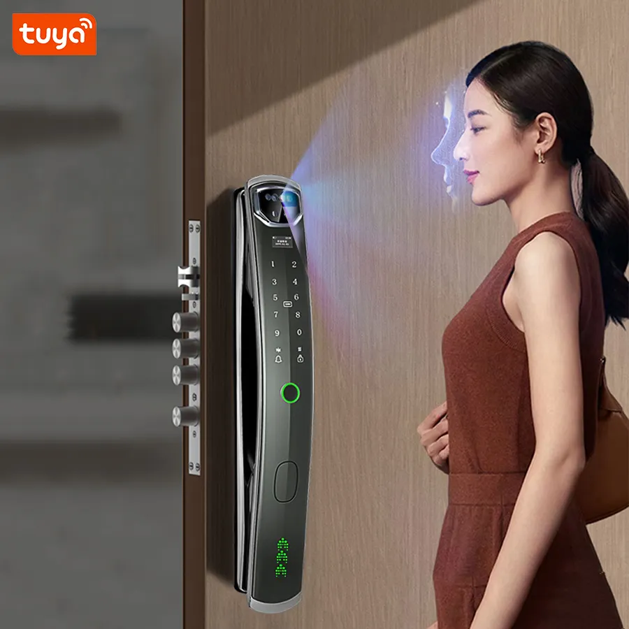 Замок распознавания лица Tuya с Wi-Fi и функцией распознавания отпечатков пальцев, автоматическое 3D распознавание лица, умный дверной замок с камерой для сканирования глаз