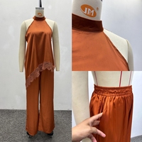 J9534 Ensemble tendance 2026 pour femme : Haut caraco en dentelle et pantalon large décontracté, ensemble deux pièces assorti