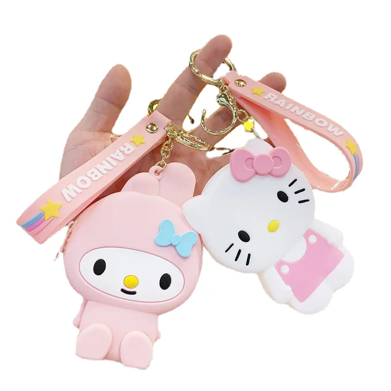 Hoge Kwaliteit Rubber Sleutelhanger Schattige Cartoon Mickey Hello Kitty Coin Tas Tas Sleutelhanger 3d Anti-Verloren Portemonnee Met Polsband Kids