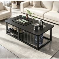 Table à thé Kung Fu noire avec bouilloire électrique intelligente et plateau de drainage, table basse en métal noir avec rangement pour salon et bureau