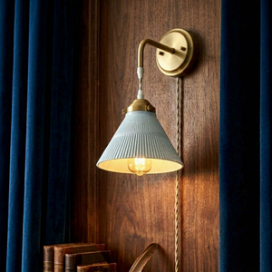 Vintage Pleated Nordic Ceramic Glass <b>Wall</b> Lamp <b>with</b> Copper Finish Decorative Bedside Reading <b>Light</b> for Bedroom Living Room Hotel - Product Image 1