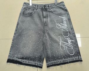 تصميم مخصص مبعثر حجر الراين فضفاض الدنيم Jorts المتعثرة تنحنح ضوء غسل الرجال الجينز السراويل كبيرة الحجم جوهرة الماس الجينز السراويل - Product Image 5