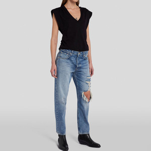 Lỏng lẻo v-cổ Vai giảm armhole TEE cong HEM bên ruching 100% cotton thoáng khí chống Đóng cọc phong cách giản dị OEM đen - Product Image 5