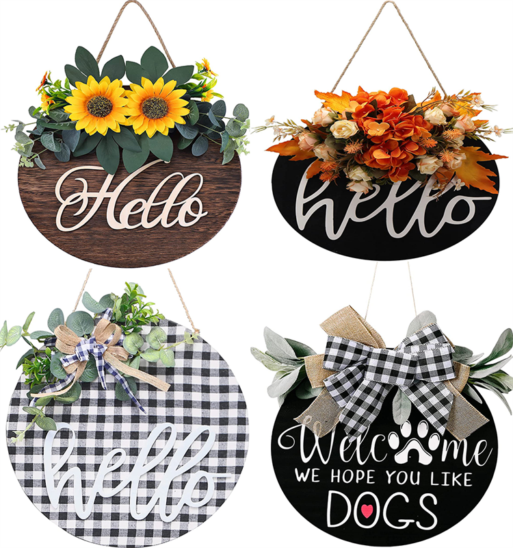 Wooden plaque Hello Sign Welcome Wreaths  with Flower for Front Door indoor  outdoor  decoration