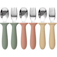 Cuillère à manche en silicone pour bébé, fourchette-cuillère à manche court en acier inoxydable 304 pour bébé, ensemble d'ustensiles alimentaires pour bébé