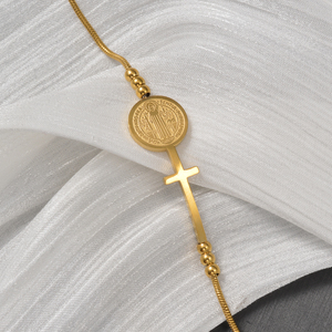 Pulsera minimalista de acero inoxidable 316L con extensor, pequeña bola, cruz, medalla redonda virgen, chapada en oro, venta al por mayor - Product Image 4