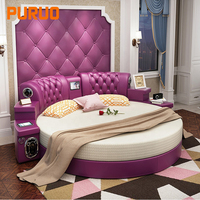 Nouveau design de meuble multifonctionnel intelligent Lit rond en cuir King size Lit rond en cuir moderne