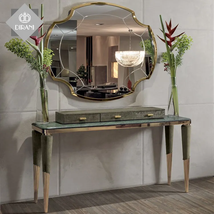 modern Italian gold modern marble top console table luxury drawer mirrored hallway console