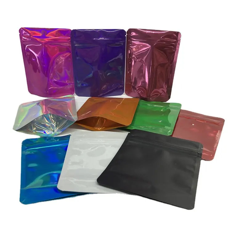 Sacs en mylar de 3.5g laminés en feuille le sac ziplock blanc holographique à bon prix sacs d'emballage comestibles debout