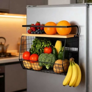 Wall Mounted Kitchen Storage Rack 2 Tier Magnetic Fruit <b>Vegetable</b> Organizer With Spice Shelf For Refrigerator Use - Product Image 3