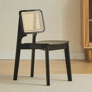 Silla de Comedor de Madera Maciza y Ratán con Respaldo Negro en Color Nogal, Diseño Moderno y Minimalista para Hogar, Escritorio o Vestidor - Product Image 1