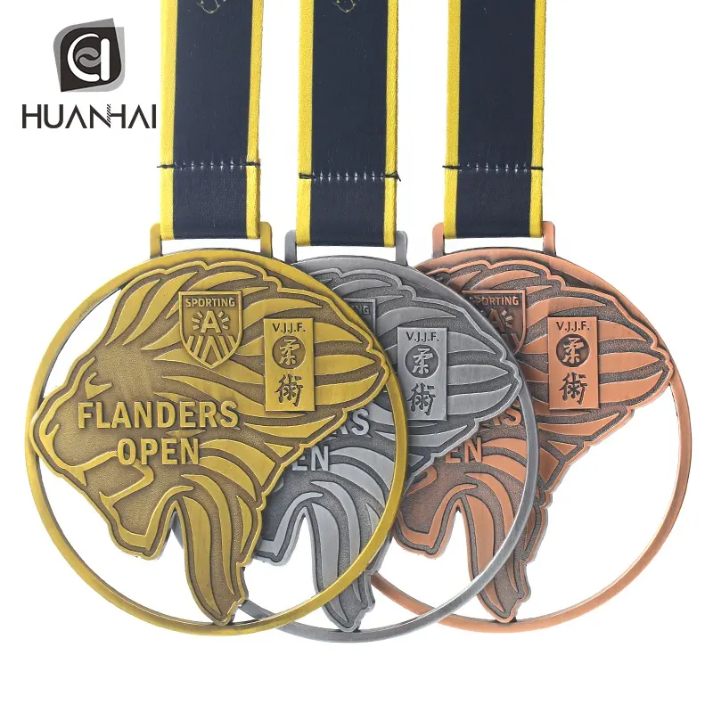 high quality custom antique gold metal lion 2D logo luxury jujitsu medal Belgium sports