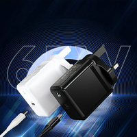 Cargador GaN de 65W con Enchufe para Reino Unido, Certificado UKCA, Puerto Único Tipo-C, Carga Rápida PD, Adaptador de Corriente para Pared, para Laptop, Teléfono, Tableta, Cámara