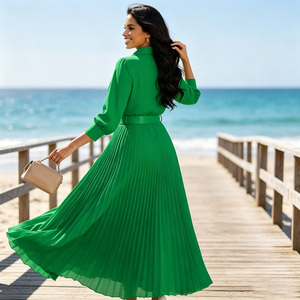 Green Pleated <b>Maxi</b> Shirt <b>Dress</b> With Belt Turn-down Collar Three Quarter Sleeve Woven Casual <b>Dress</b> For Daily Wear - Product Image 4