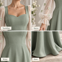 Robe longue pour femme en maille transparente tissée lisse avec appliques florales, manches bouffantes, col cœur, coupe trapèze, pour occasions spéciales, vente en gros