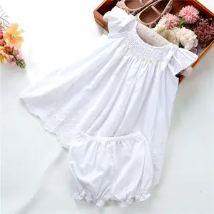 夏季批发白色婴儿女婴服装套装烟熏刺绣手工制作儿童衣服C75055