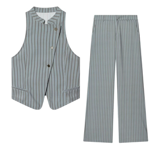 Elegante Completo da Ufficio da <span class=keywords><strong>Donna</strong></span>: Gilet a Righe Doppiopetto e Pantaloni Coordinati, Set Personalizzabile Chic con Blazer e Pantaloni - Product Image 1