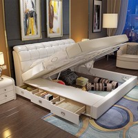 Lit moderne de luxe minimaliste en cuir véritable, confortable et souple, avec cadre en bois et lit de rangement pour chambre à coucher multifonction