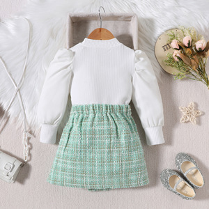 Conjuntos de ropa de otoño para niña a la moda <span class=keywords><strong>en</strong></span> 3 colores, Tops acanalados de manga larga con recorte de corazón, faldas a cuadros con botones de perlas, <span class=keywords><strong>coágulo</strong></span> para niños - Product Image 5