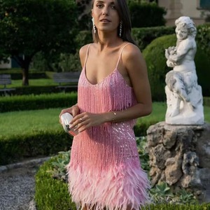 Moda Tassel Lantejoula Festa De Aniversário Pena Patchwork Vestido - Product Image 6